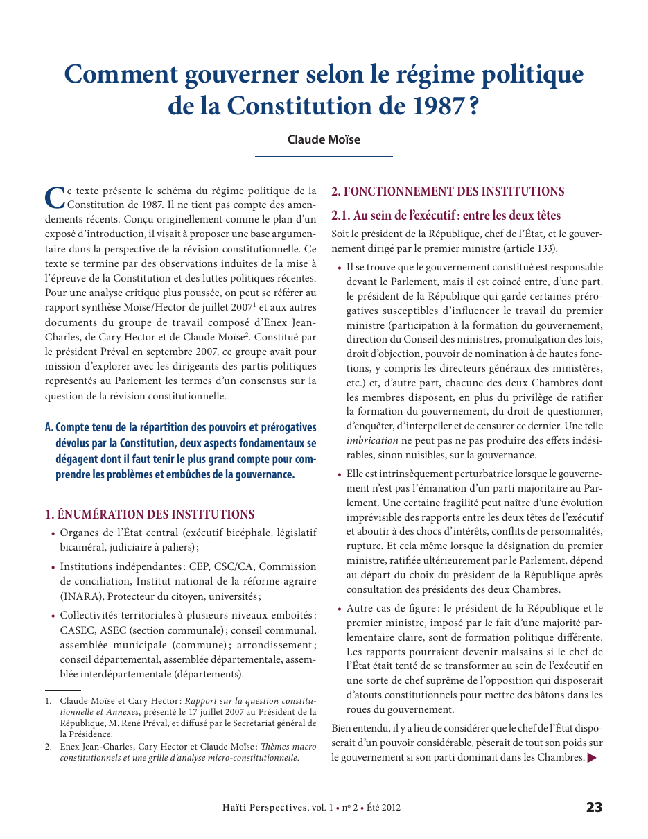 Première page — Claude Moïse
