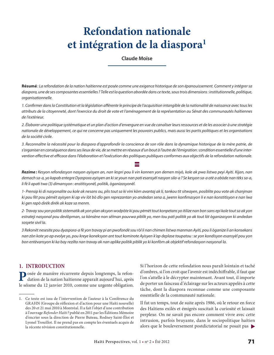 Première page — Claude Moïse