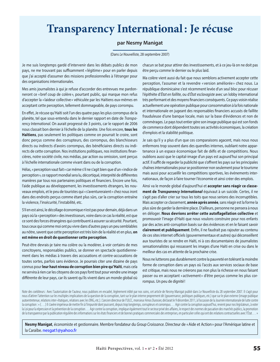 Première page — Nesmy Manigat