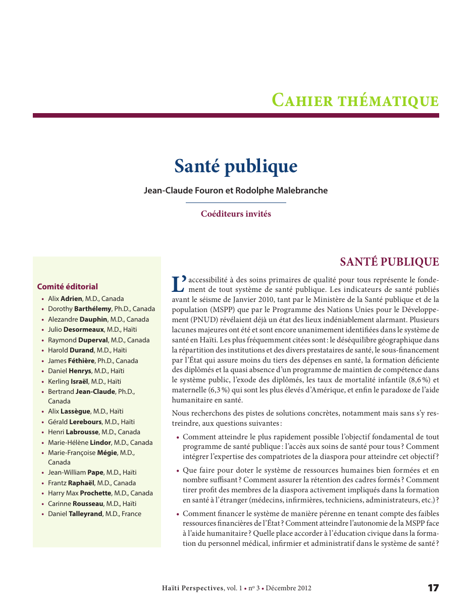 Première page — Jean-Claude Fouron et Rodolphe Malebranche