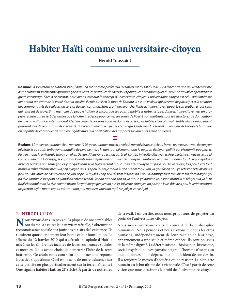 Première page — Hérold Toussaint