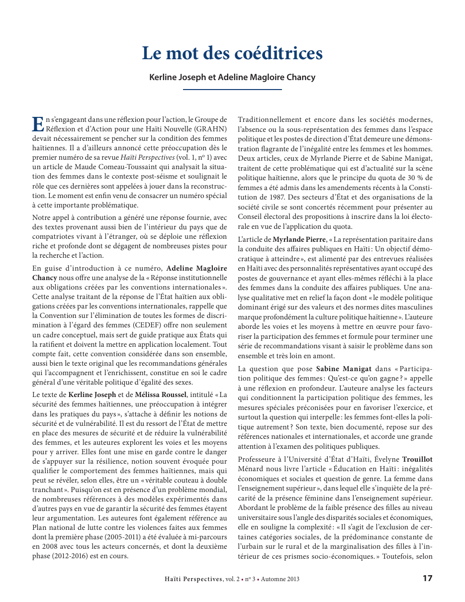 Première page — Kerline Joseph et Adeline Magloire Chancy