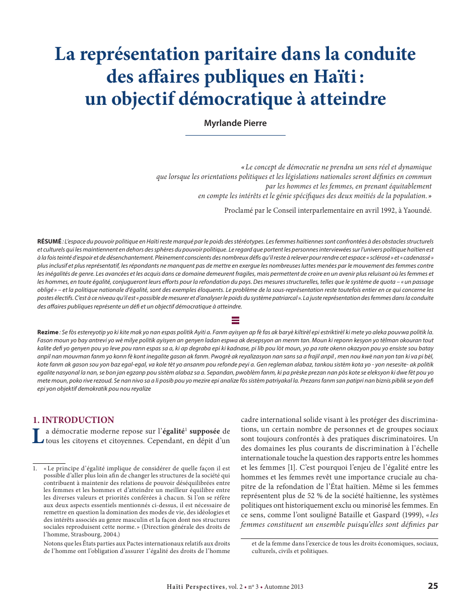 Première page — Myrlande Pierre