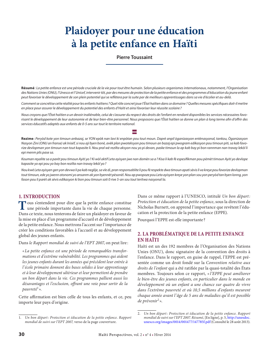 Première page — Pierre Toussaint
