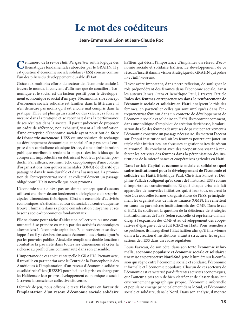 Première page — Jean-Emmanuel Léon et Jean-Claude Roc