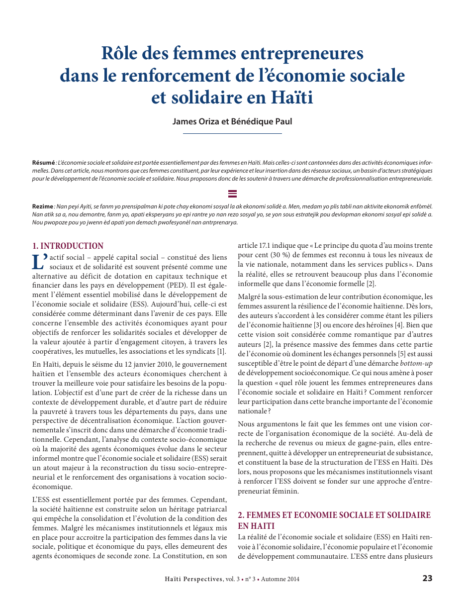 Première page — James Oriza et Bénédique Paul