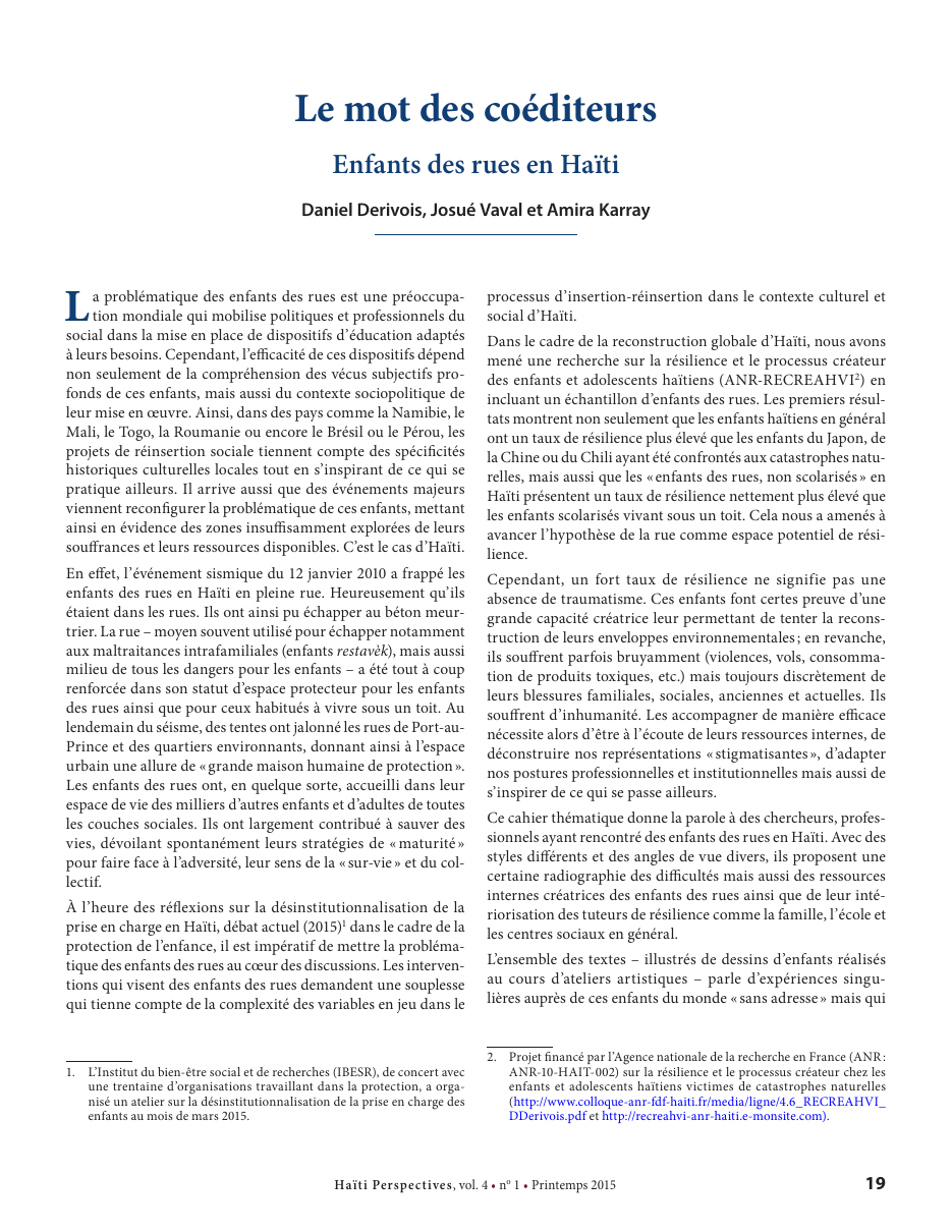 Première page — Daniel Derivois, Josué Vaval et Amira Karray