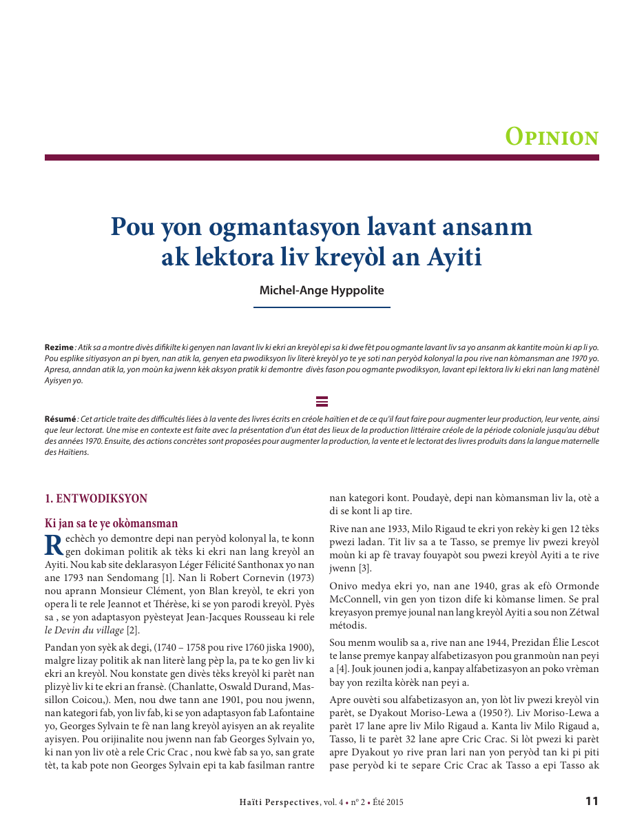 Première page — Michel-Ange Hyppolite