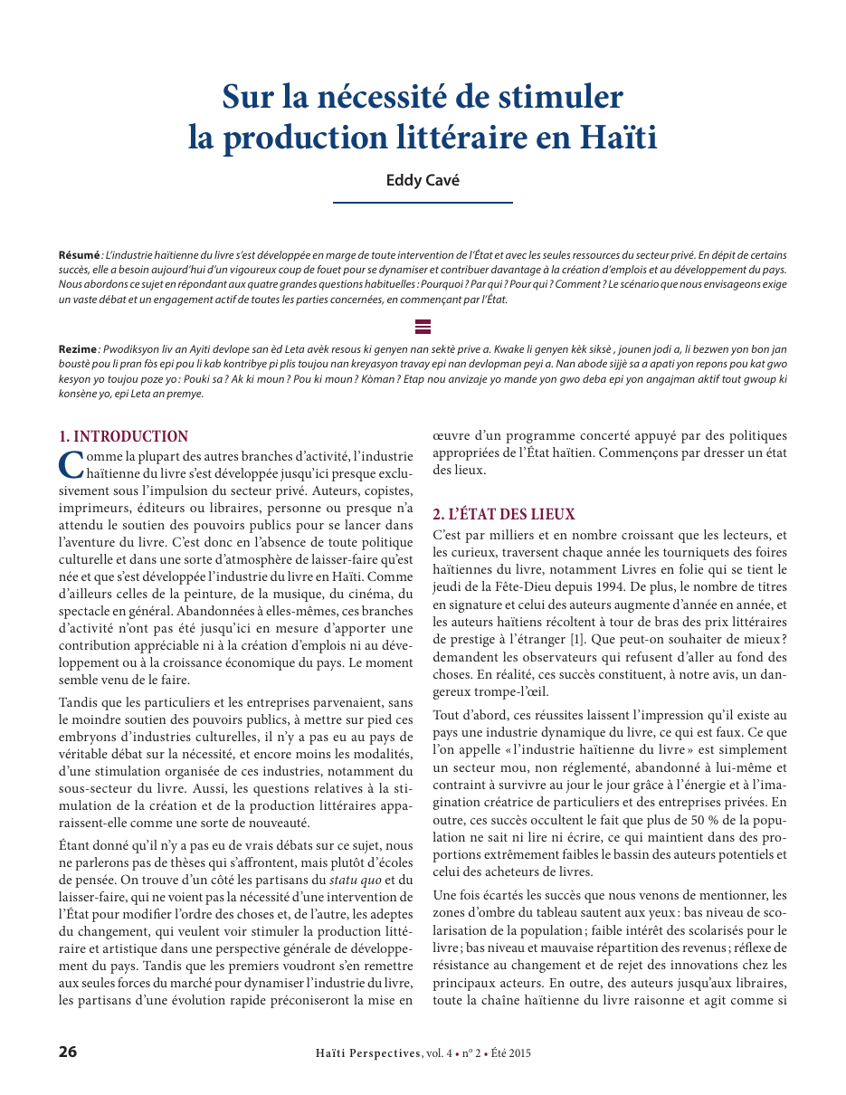 Première page — Eddy Cavé