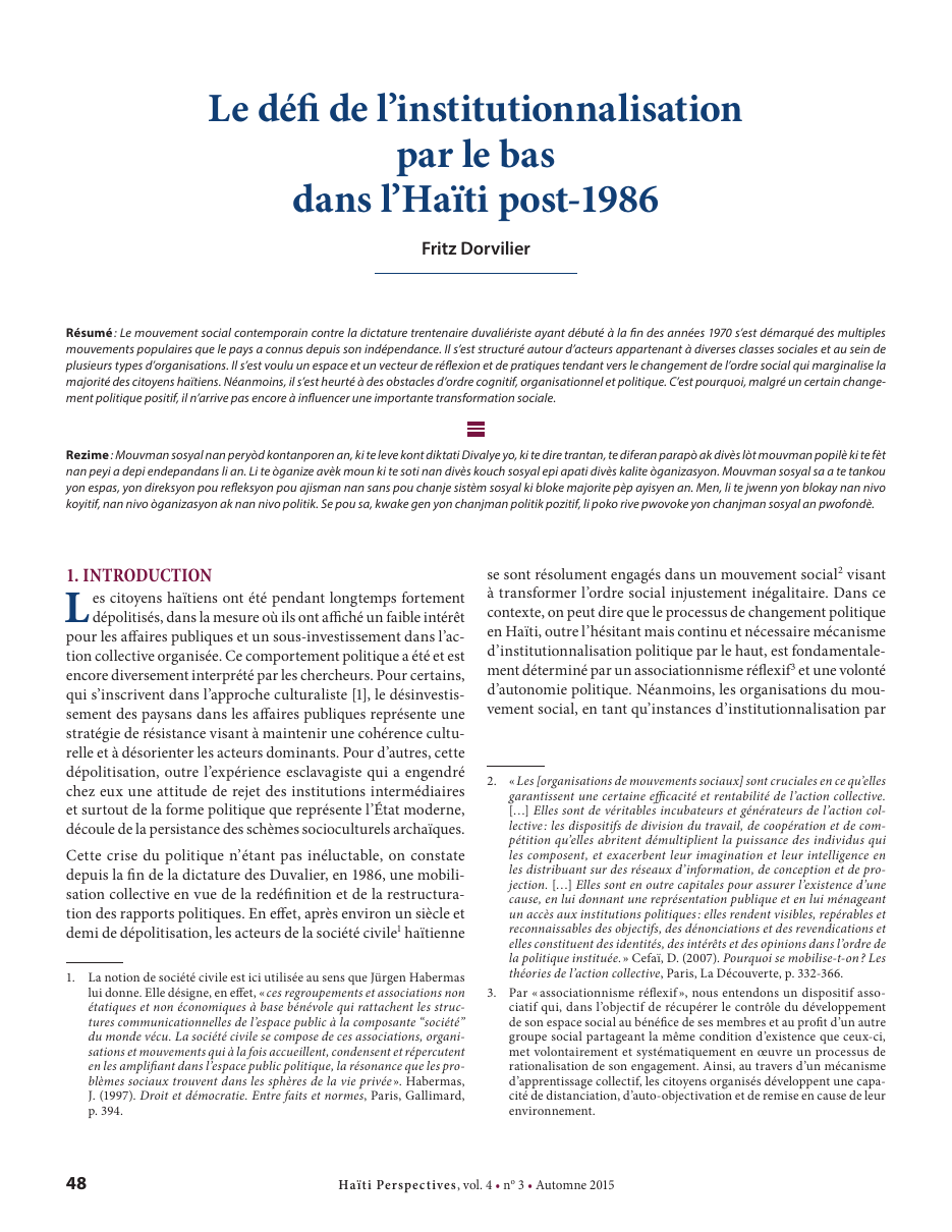 Première page — Fritz Dorvilier