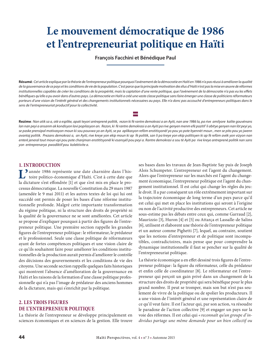 Première page — François Facchini et Bénédique Paul