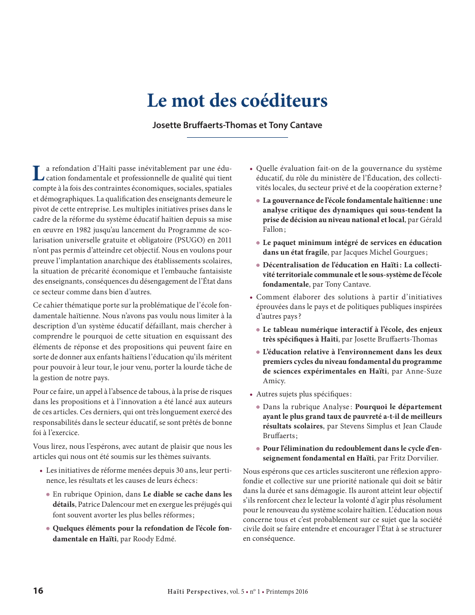 Première page — Josette Bruffaerts-Thomas et Tony Cantave