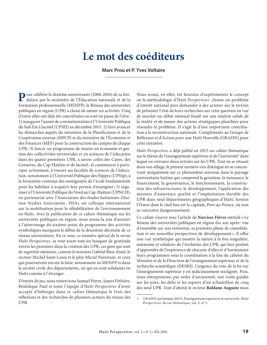 Première page — Marc Prou et P. Yves Voltaire