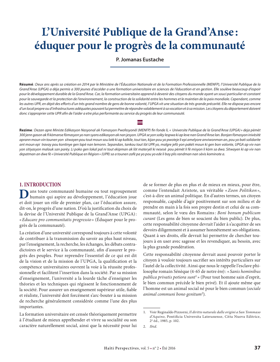 Première page — P. Jomanas Eustache