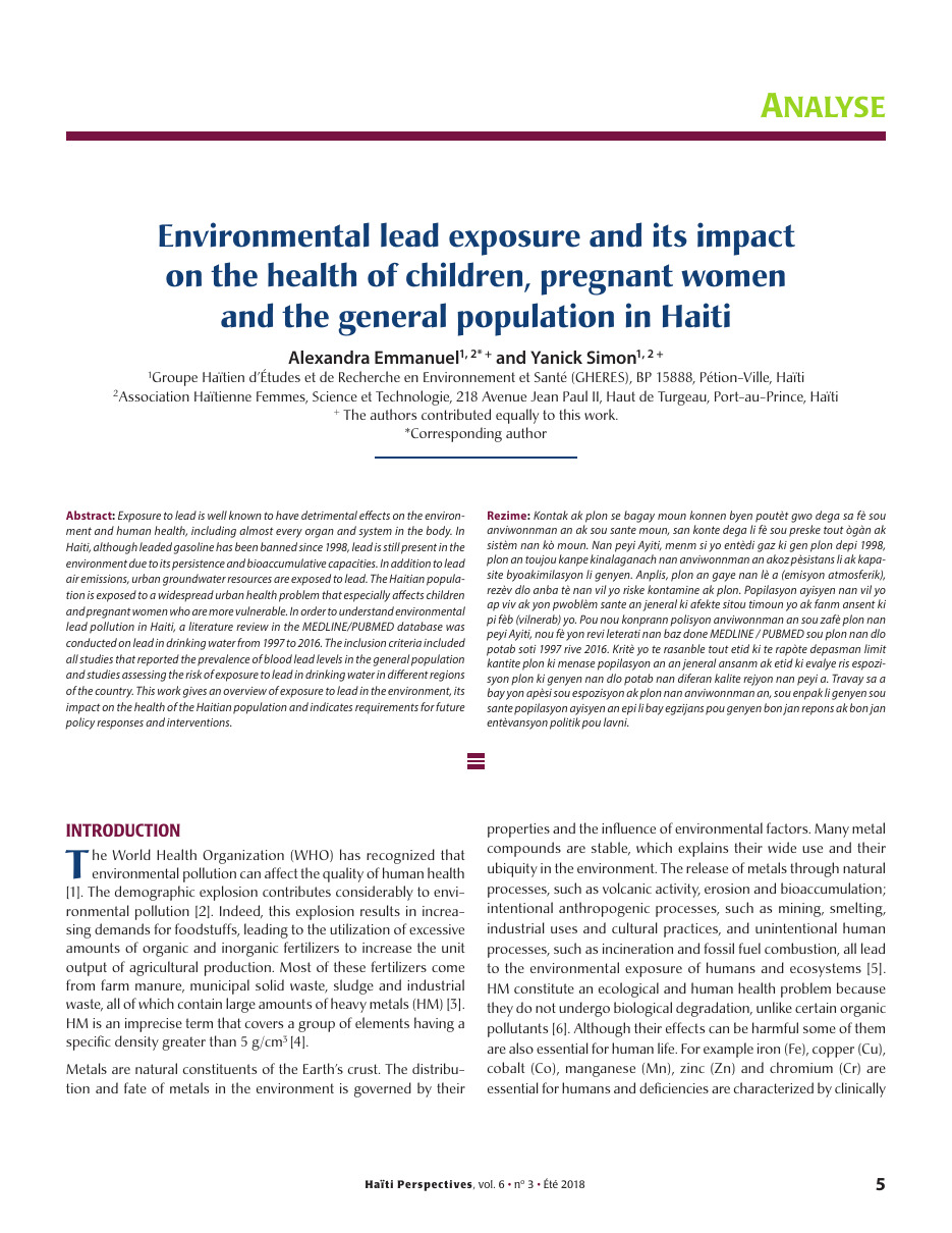 Première page — Environmental lead exposure and its impact on the health of children, pregnant women and the general population in Haiti Alexandra Emmanuel1, 2* + and Yanick Simon1, 2 + Groupe Haïtien d’Études et de Recherche en Environnement et Santé (…