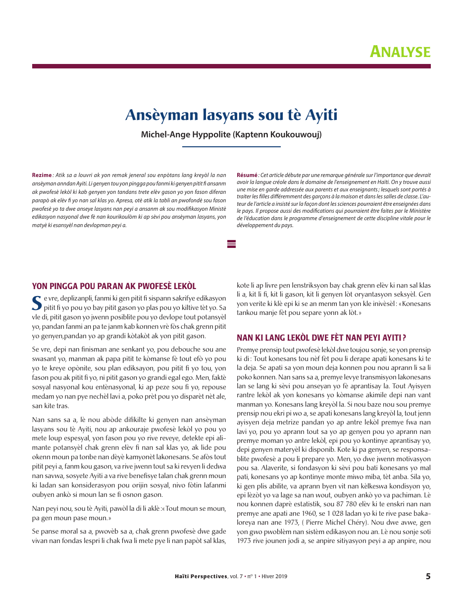 Première page — Michel-Ange Hyppolite (Kaptenn Koukouwouj)