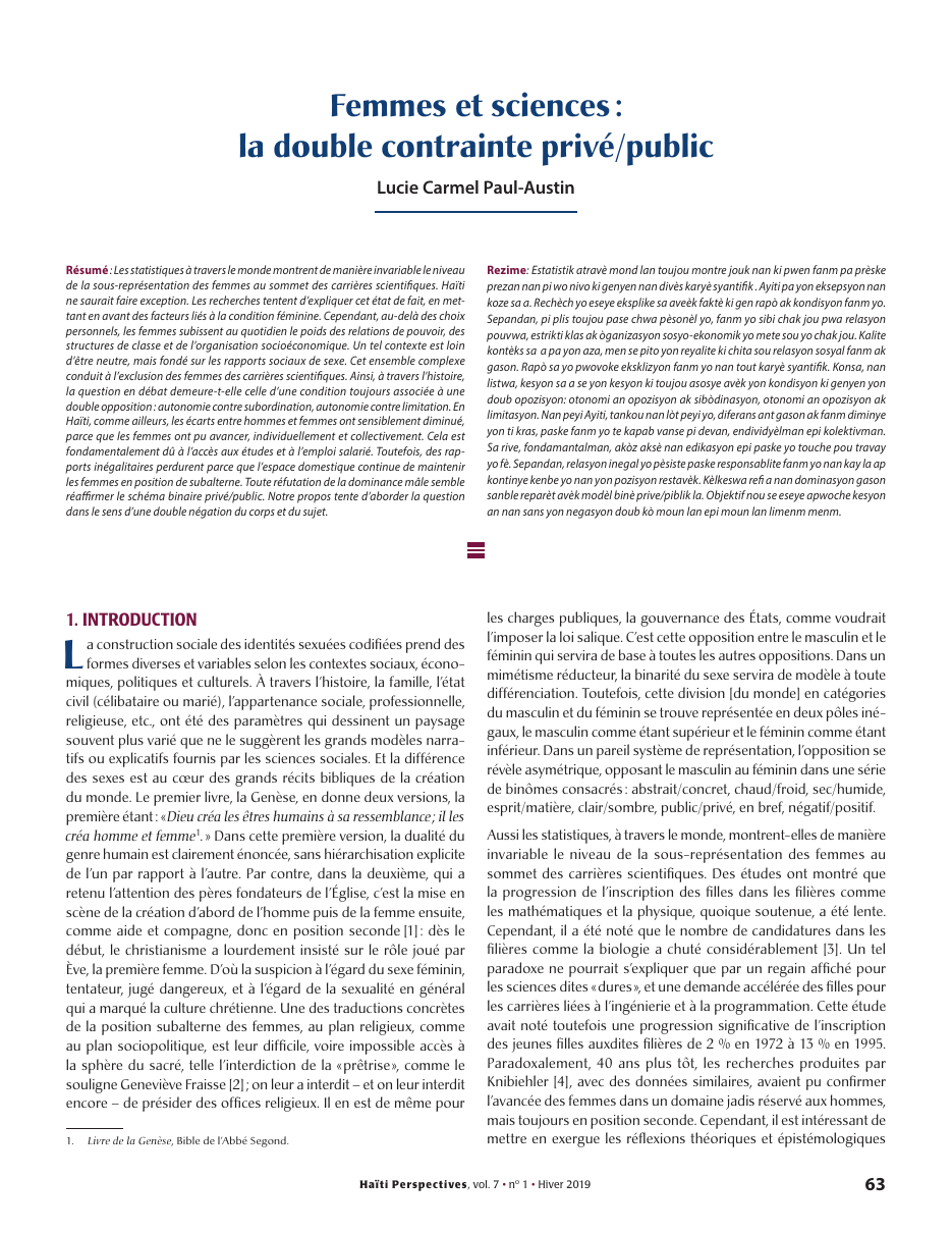Première page — Lucie Carmel Paul-Austin