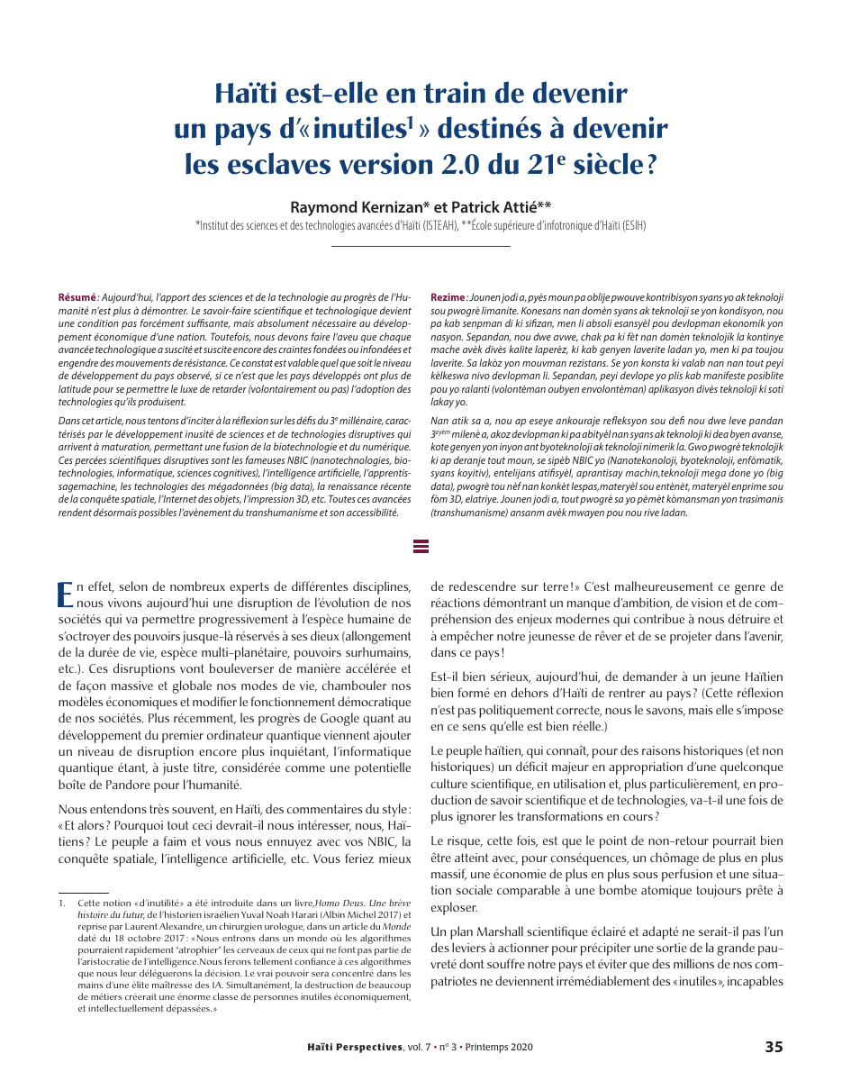 Première page — Raymond Kernizan et Patrick Attié