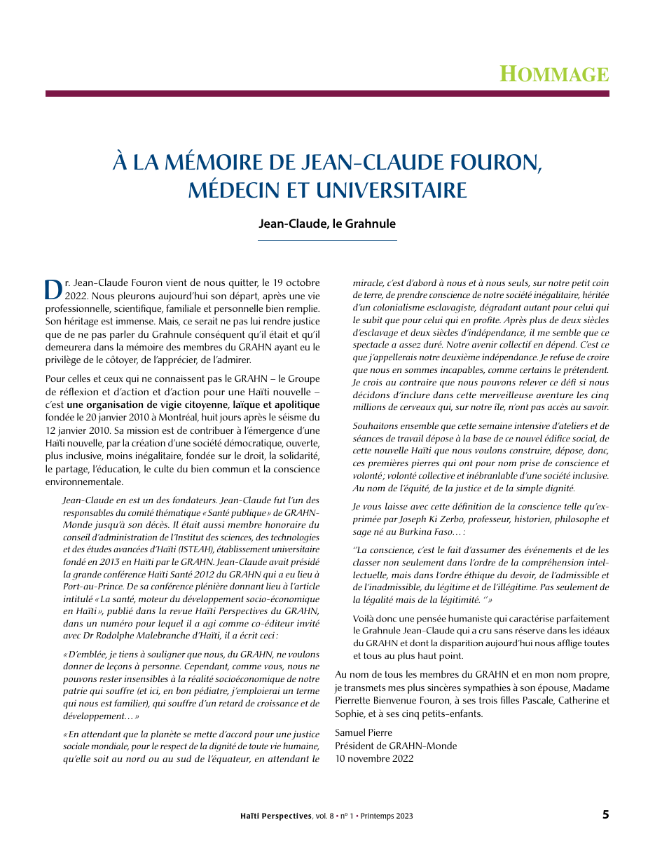 Première page — À la mémoire de Jean-Claude Fouron, médecin et universitaire