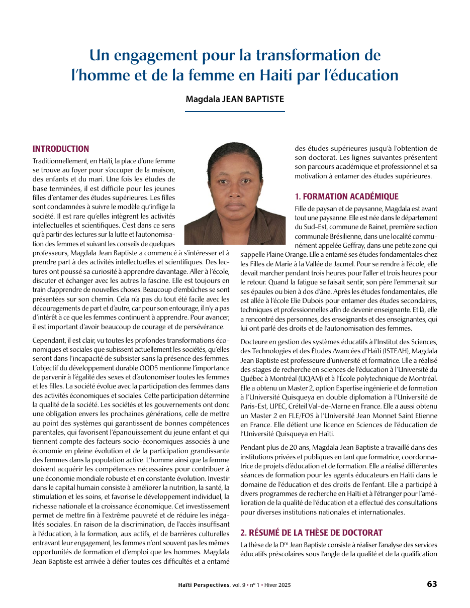 Première page — Magdala JEAN BAPTISTE